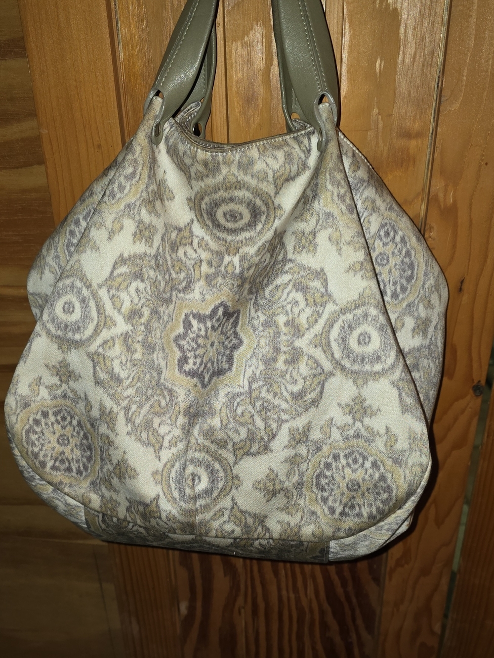 Patterned Shoulder Tote Bag in Cream and Olive